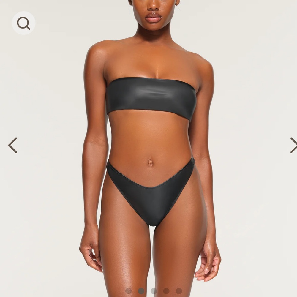 SKIMS FAUX LEATHER SWIM MICRO BANDEAU TOP & TANGA BOTTOM